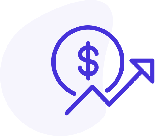 Icon of a dollar sign overlayed on top of a rising stock arrow pointing to the right