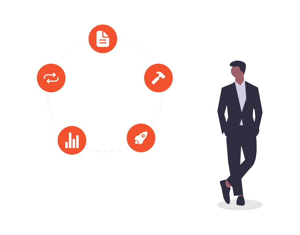 Man in a business suit looking at a circular flow chart